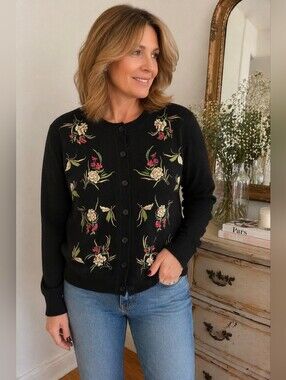 Alfred Dunner Petite Black Floral Embroidered Cardigan Sweater PM